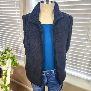 Free Country Black Fuzzy Windbreaker Vest  Sz Large Zip Up